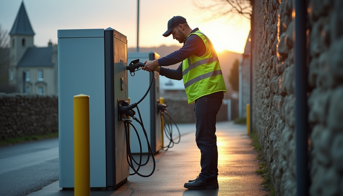 Technicien effectuant un contrôle de maintenance sur une borne de recharge à Minihy-Tréguier