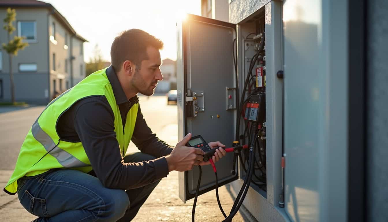 Technicien effectuant un contrôle de maintenance sur une borne de recharge à Serrières, avec outils de diagnostic et tableau électrique ouvert