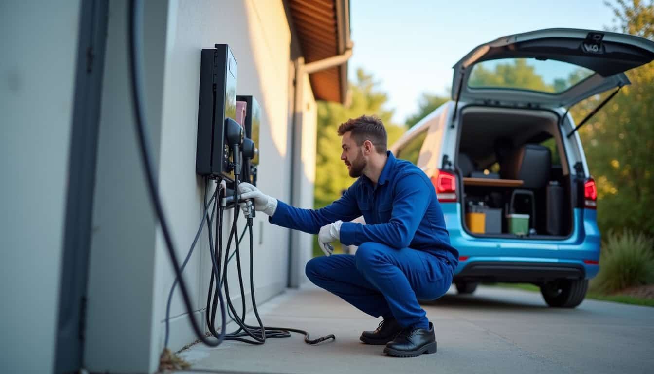 Technicien effectuant un contrôle de maintenance sur une borne de recharge murale