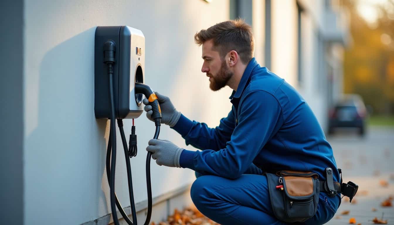 Technicien effectuant un contrôle de maintenance sur une borne de recharge murale