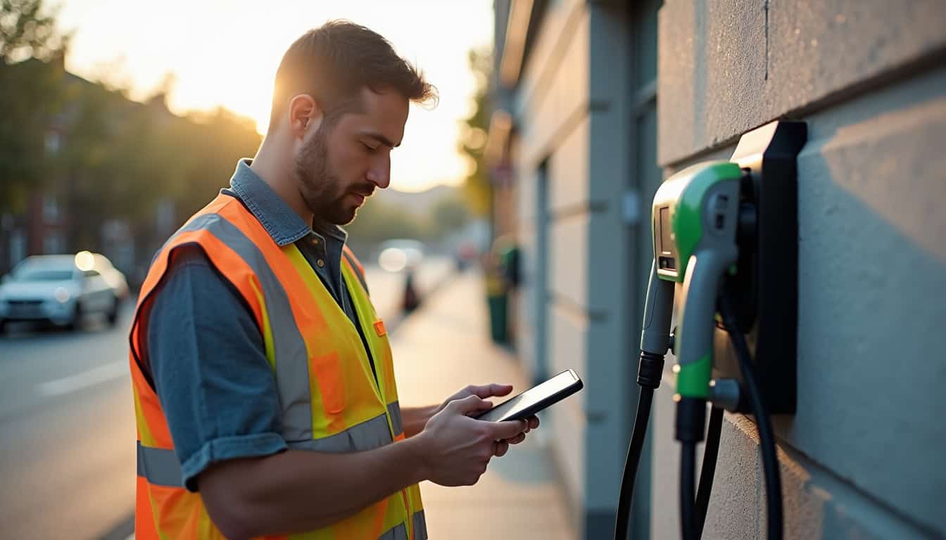 Technicien effectuant un contrôle de maintenance sur une borne de recharge