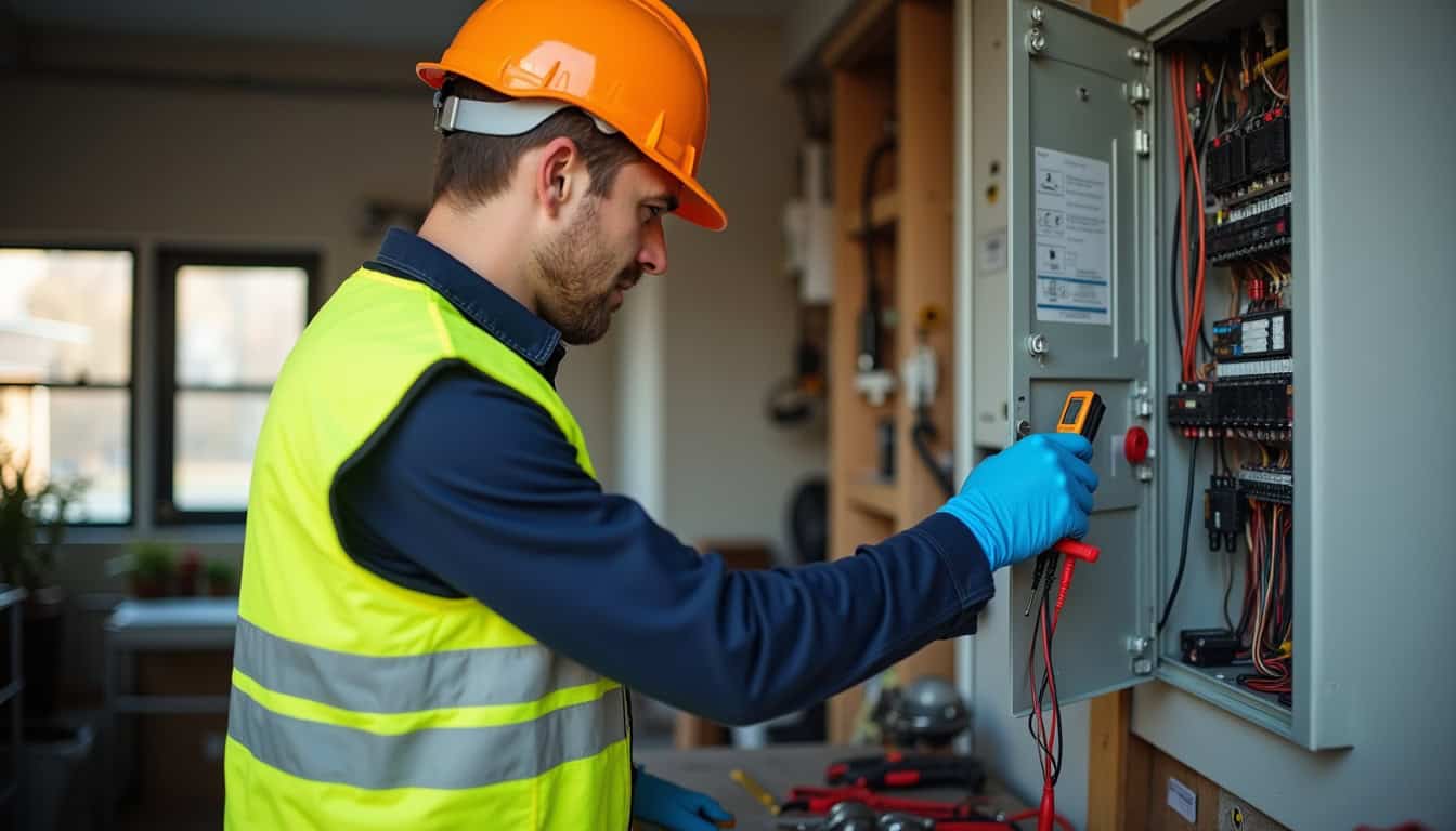 Technicien effectuant un diagnostic électrique avant installation d