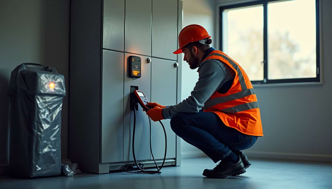 Technicien effectuant un diagnostic électrique avant installation d