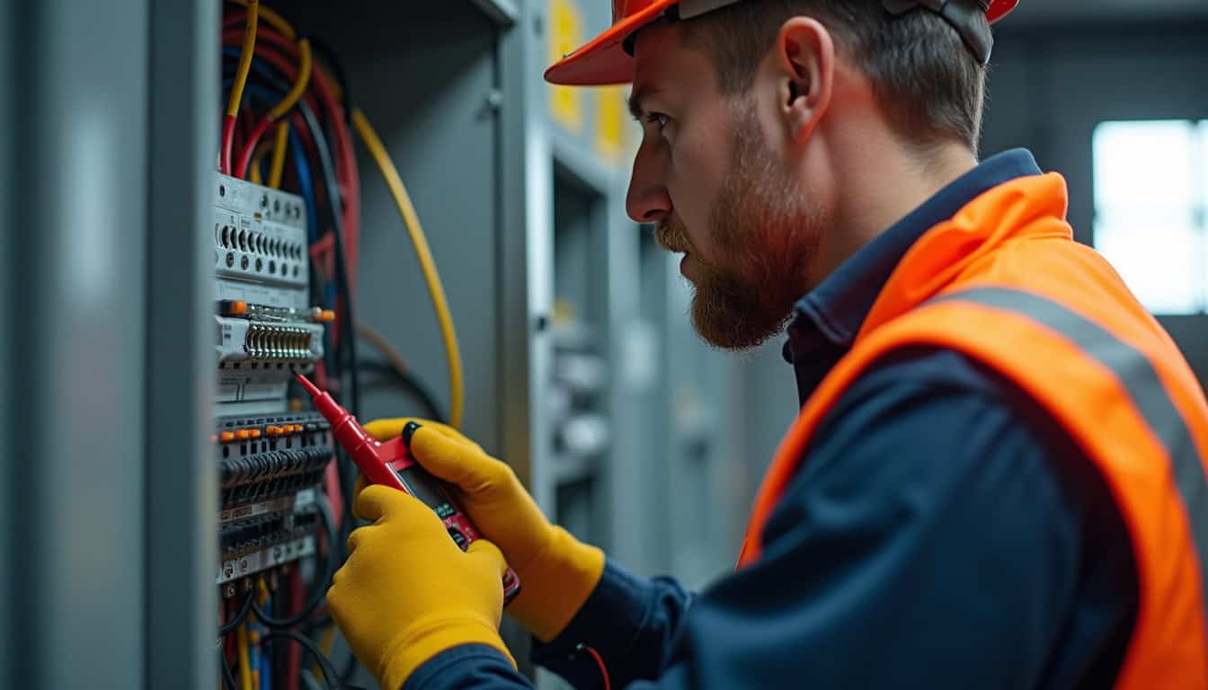 Technicien effectuant un diagnostic électrique avant installation d