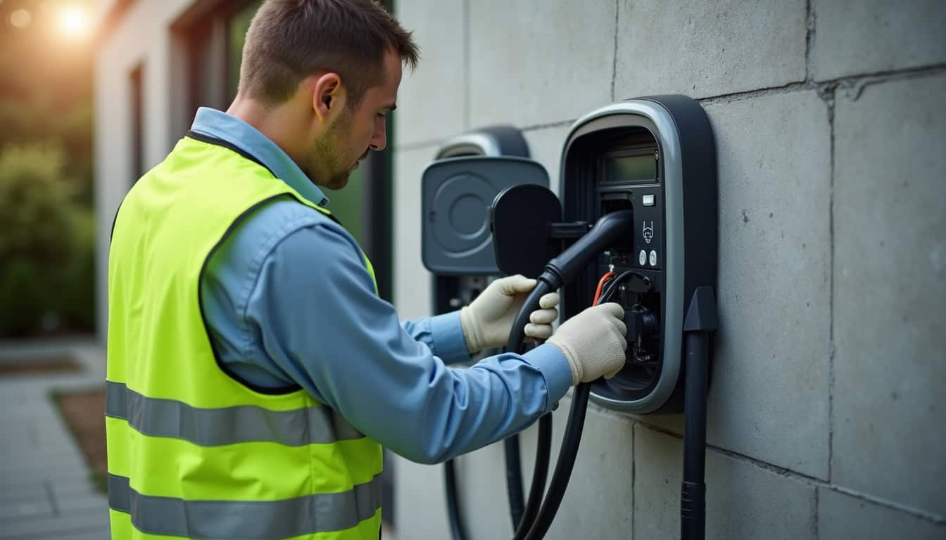 Technicien effectuant un entretien de maintenance sur une borne de recharge électrique