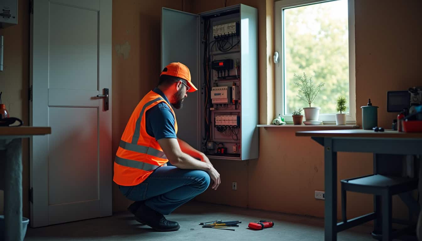 Technicien effectuant une étude préalable du tableau électrique à Gerde