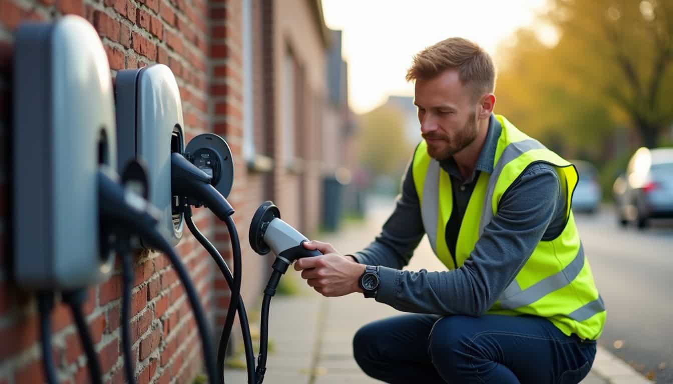 Technicien effectuant une vérification de maintenance sur une borne de recharge à Dammarie-les-Lys
