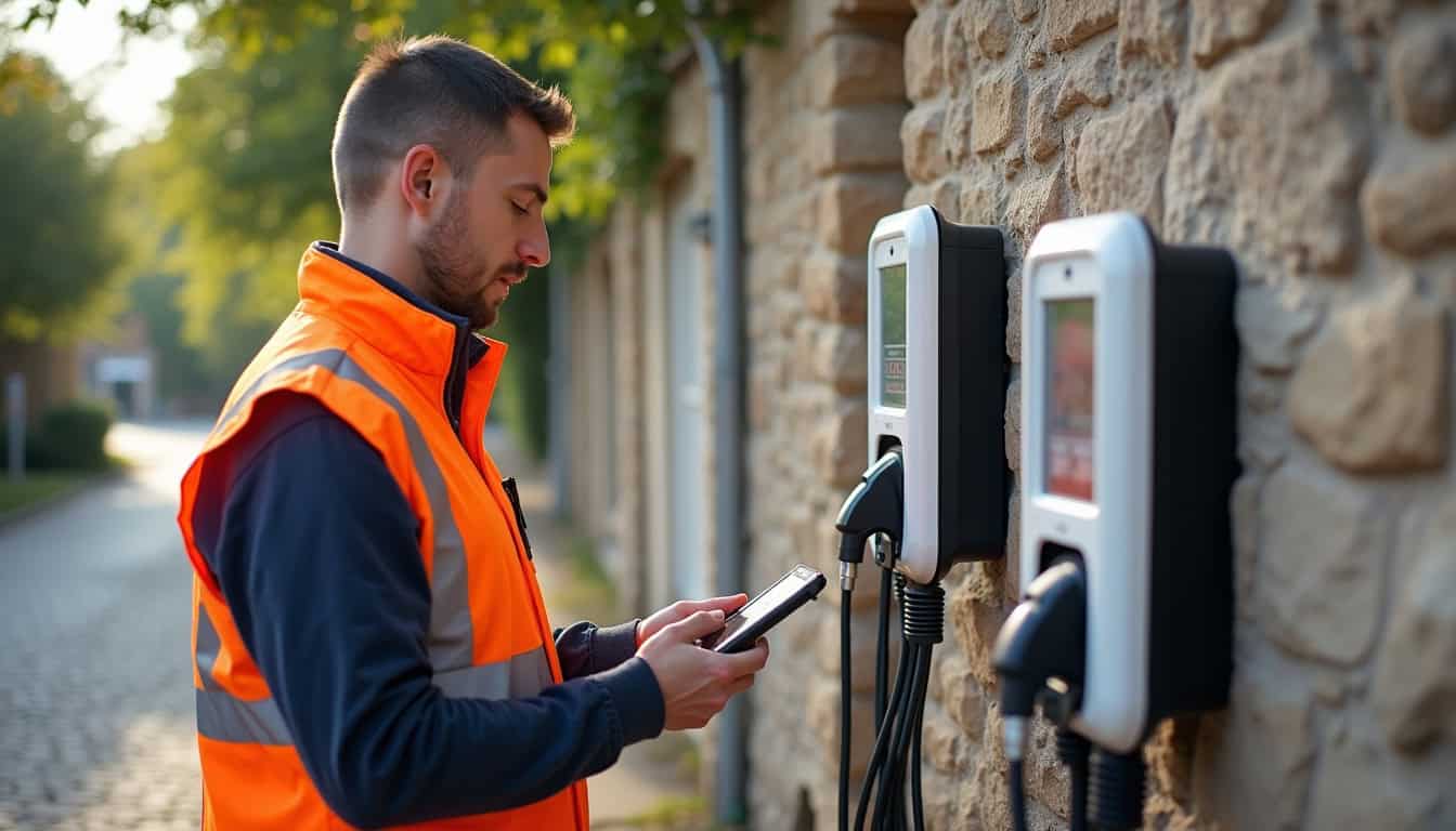 Technicien effectuant une vérification de maintenance sur une borne de recharge électrique à Saint-Denis-la-Chevasse