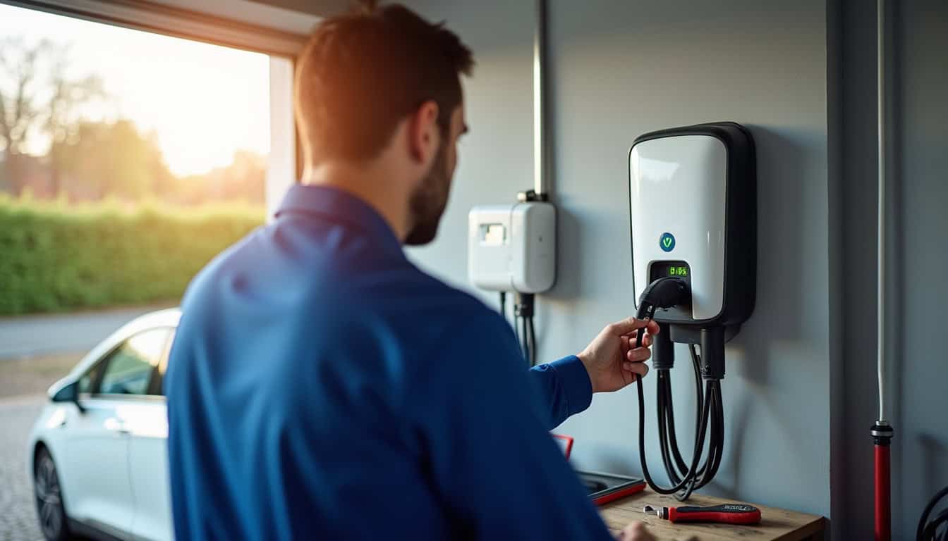 Technicien effectuant une vérification de maintenance sur une borne de recharge électrique murale
