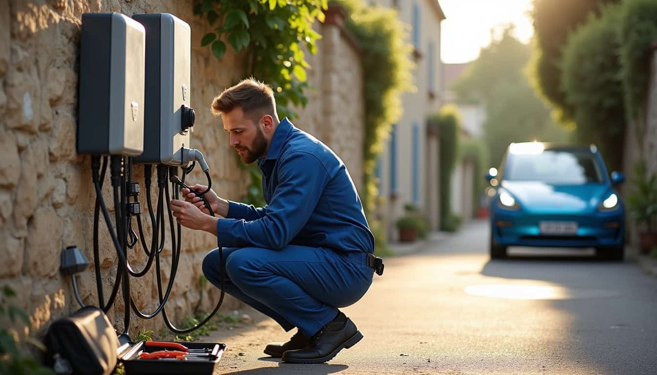 Technicien effectuant une vérification de maintenance sur une borne de recharge électrique