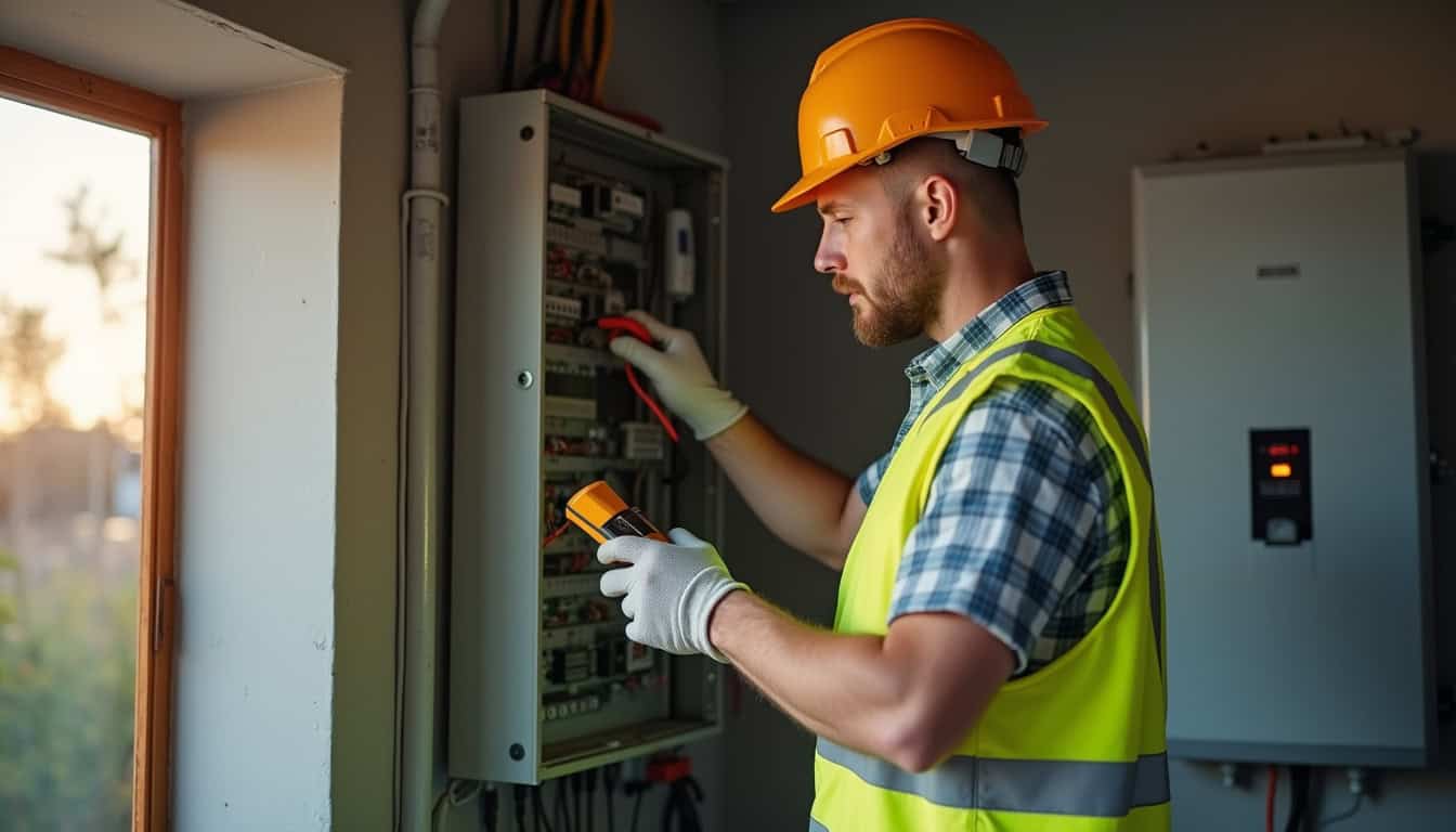 Technicien électricien vérifiant le tableau électrique avant installation d'une borne de recharge