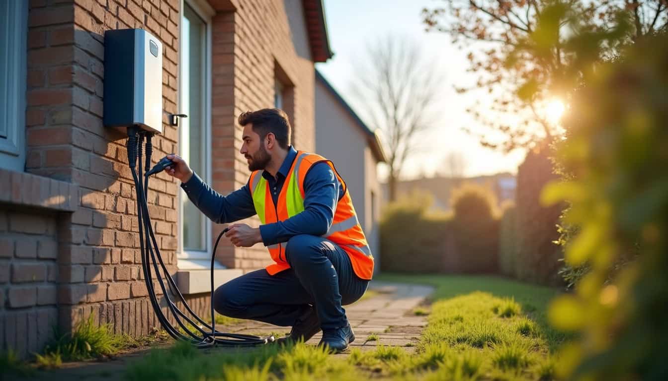 Technicien électrique en train d'installer une borne de recharge à Chaufour-Notre-Dame