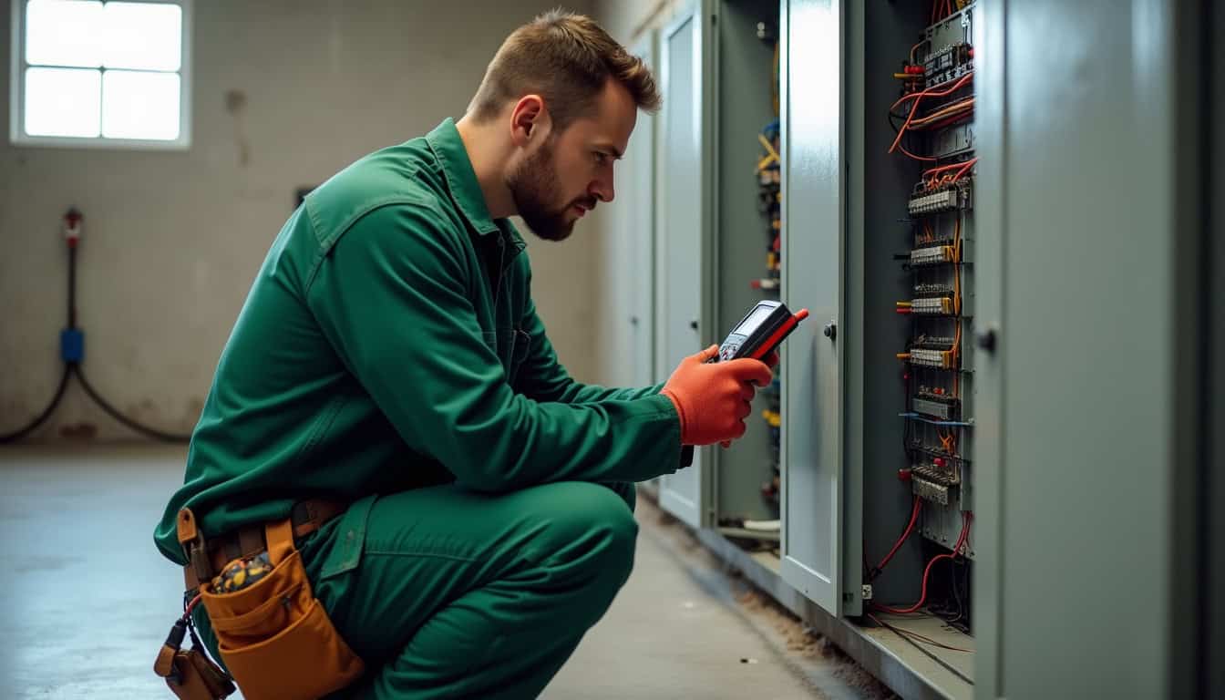 Technicien en combinaison verte vérifiant le tableau électrique avant installation d'une borne de recharge