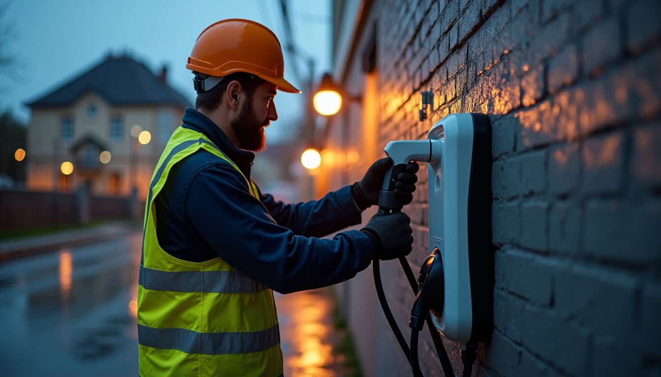 Technicien en tenue de sécurité en train d'installer une borne de recharge sur un mur extérieur