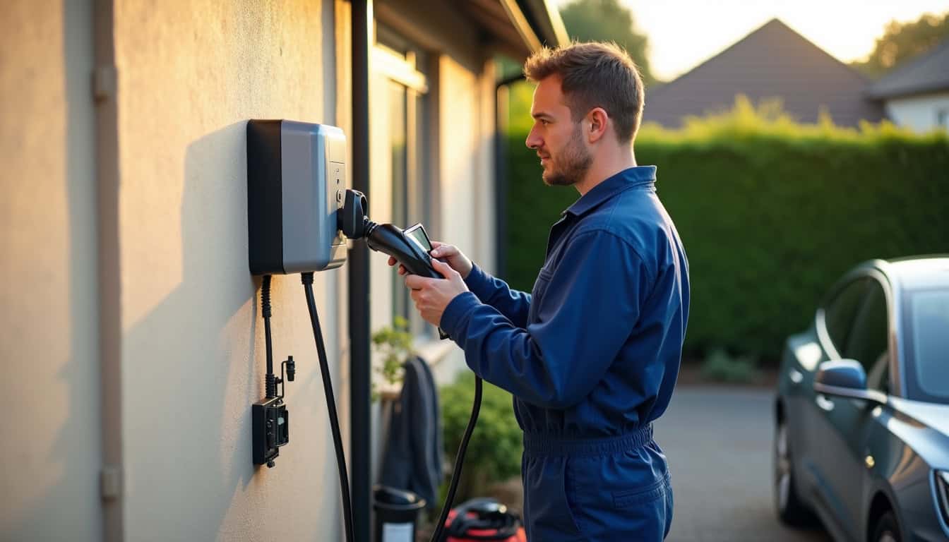 Technicien en tenue de travail en train d’installer une borne de recharge électrique sur un mur extérieur à Freistroff