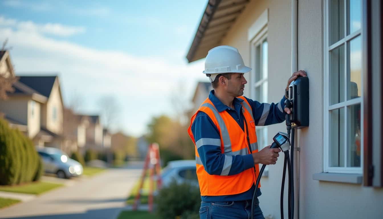 Technicien en tenue de travail installant une borne de recharge sur un mur extérieur
