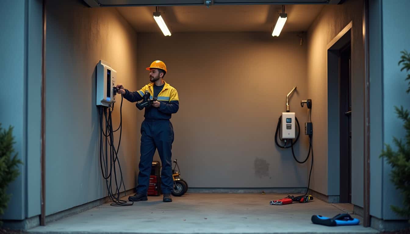 Technicien en tenue de travail installant une borne électrique dans un garage à Noyelles-lès-Vermelles