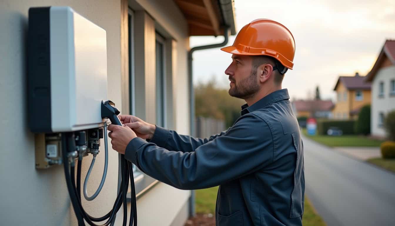 Technicien en tenue de travail installant une borne électrique murale à Saint-Léon, en train de raccorder les câbles au tableau électrique