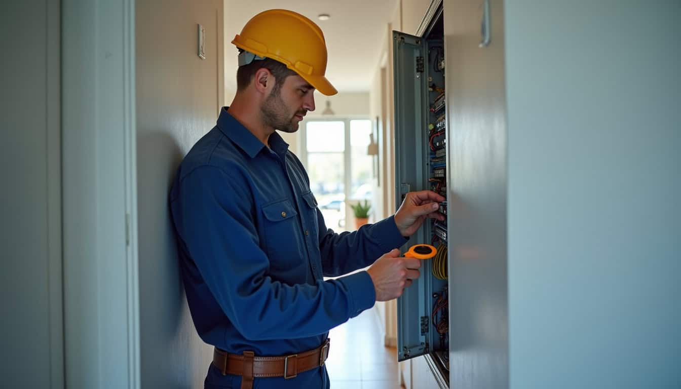 Technicien en tenue de travail vérifiant le tableau électrique avant installation d