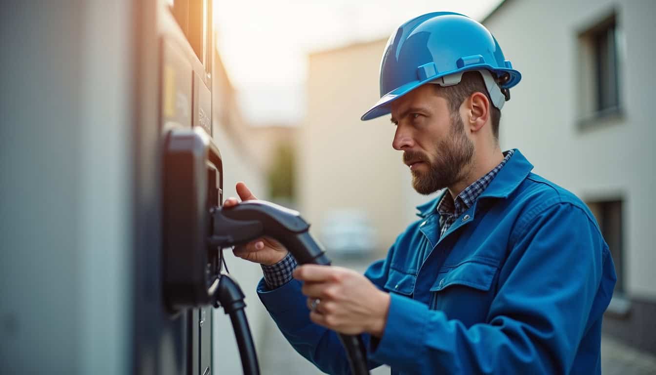 Technicien en tenue de travail vérifiant les connexions d