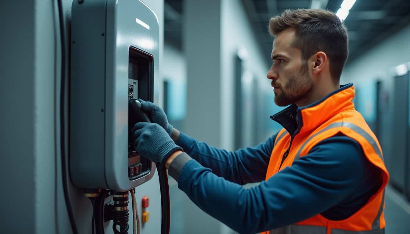 Technicien en train de connecter une borne électrique au tableau électrique d