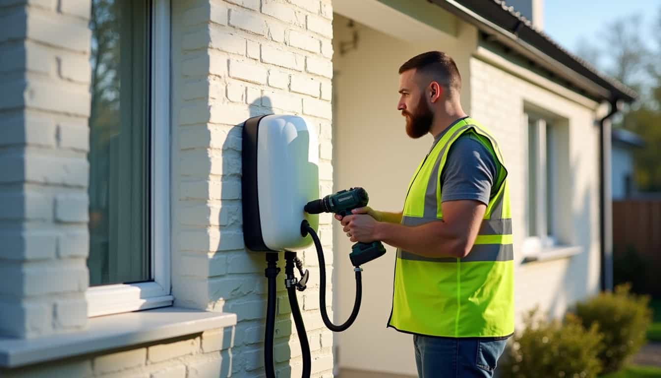 Technicien en train de fixer une borne de recharge murale sur la façade d'une maison