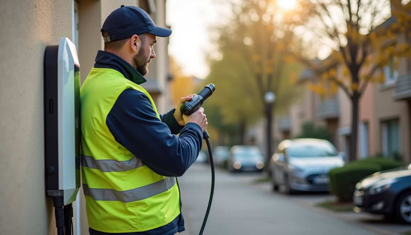 Technicien en train de fixer une borne de recharge murale sur un mur extérieur à Le Thillay