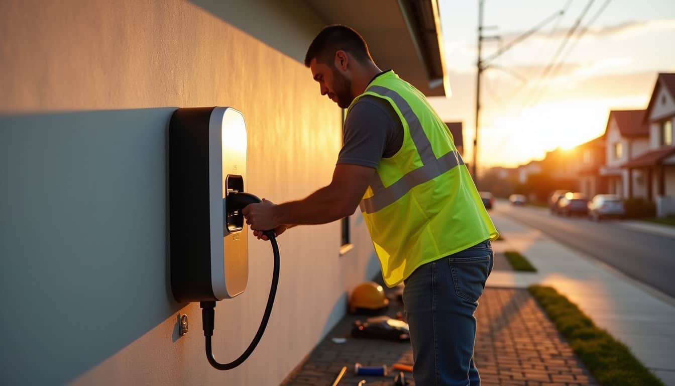 Technicien en train de fixer une borne de recharge sur un mur extérieur