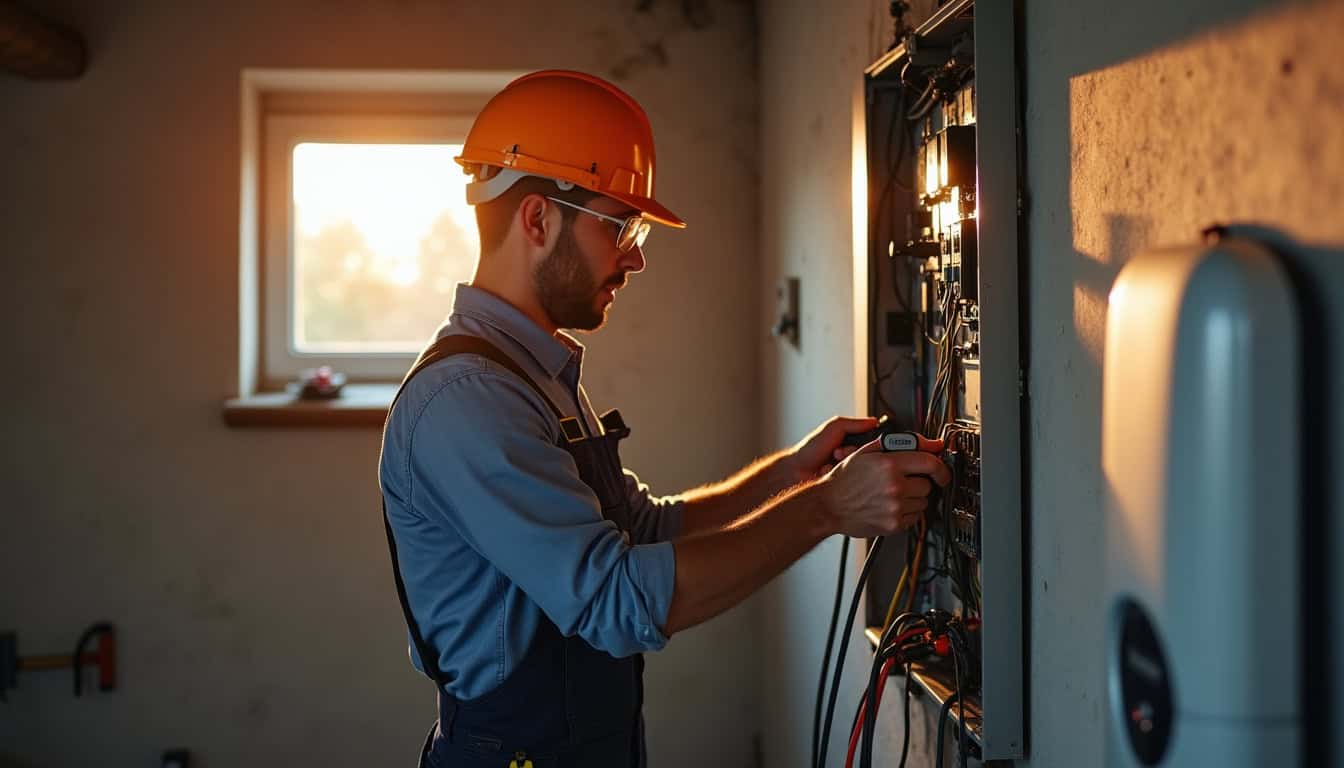 Technicien en train de modifier un tableau électrique pour accueillir une borne de recharge à Cornier