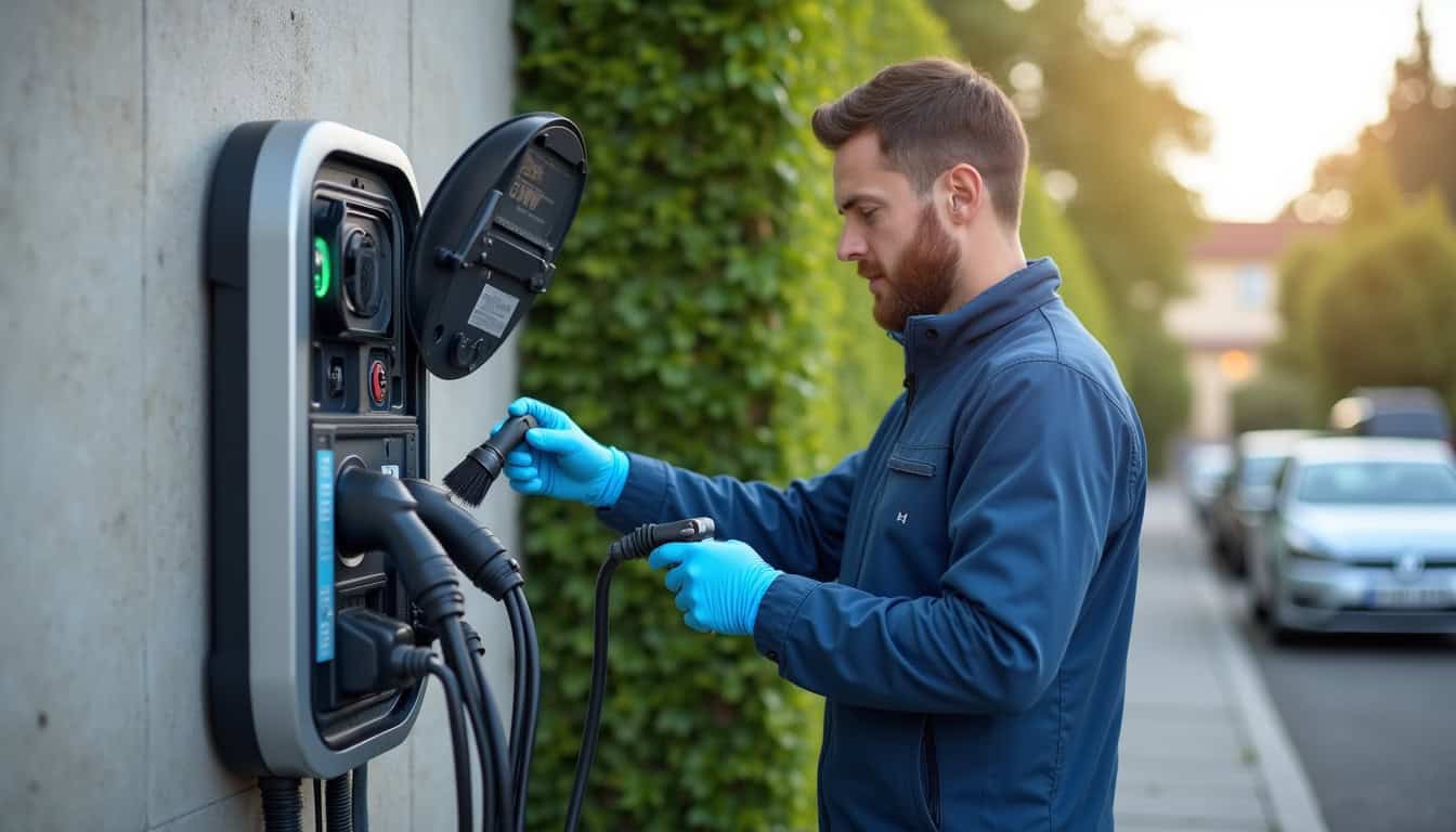 Technicien en train de nettoyer et vérifier une borne de recharge électrique