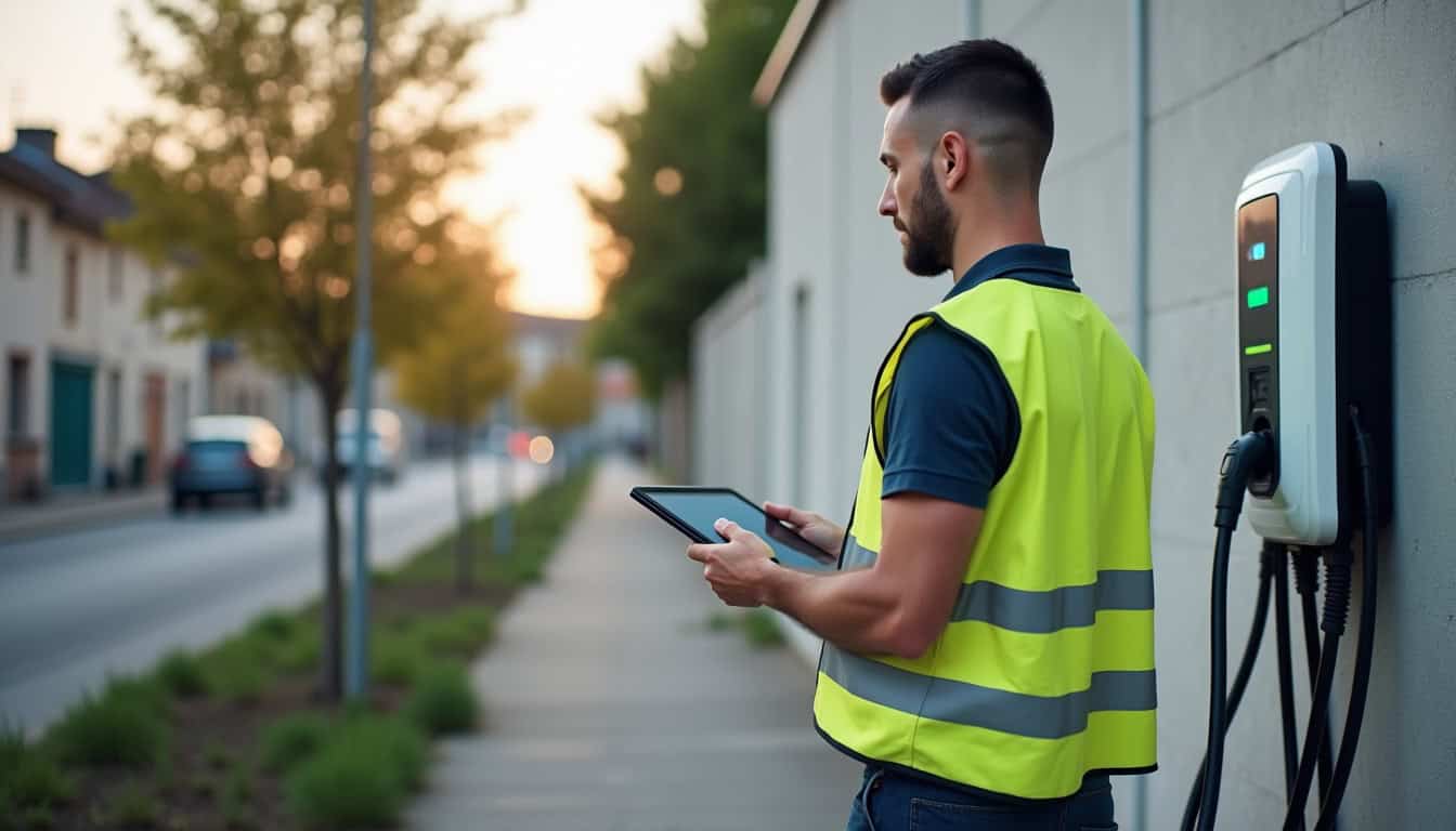 Technicien en train de procéder à la maintenance d'une borne de recharge électrique à Rurange-lès-Thionville