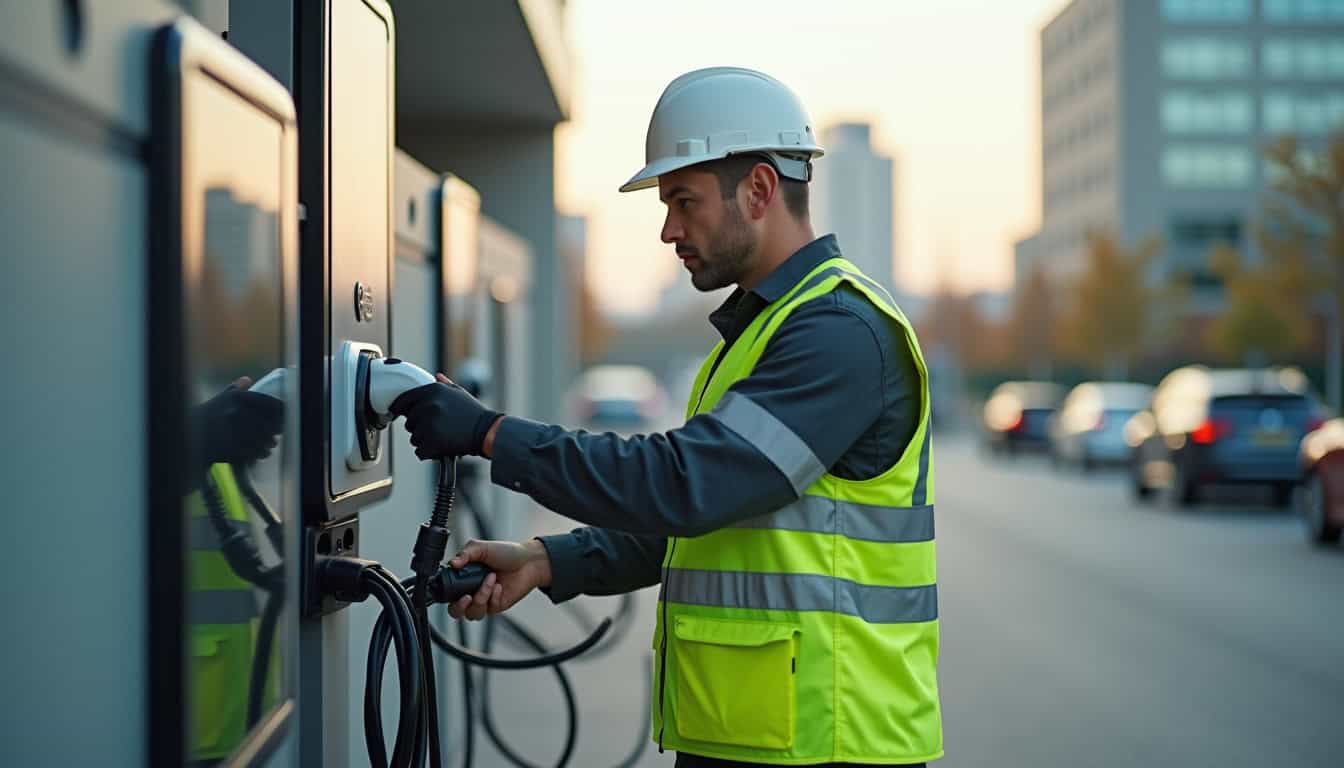 Technicien en train de procéder à la maintenance d'une borne de recharge électrique