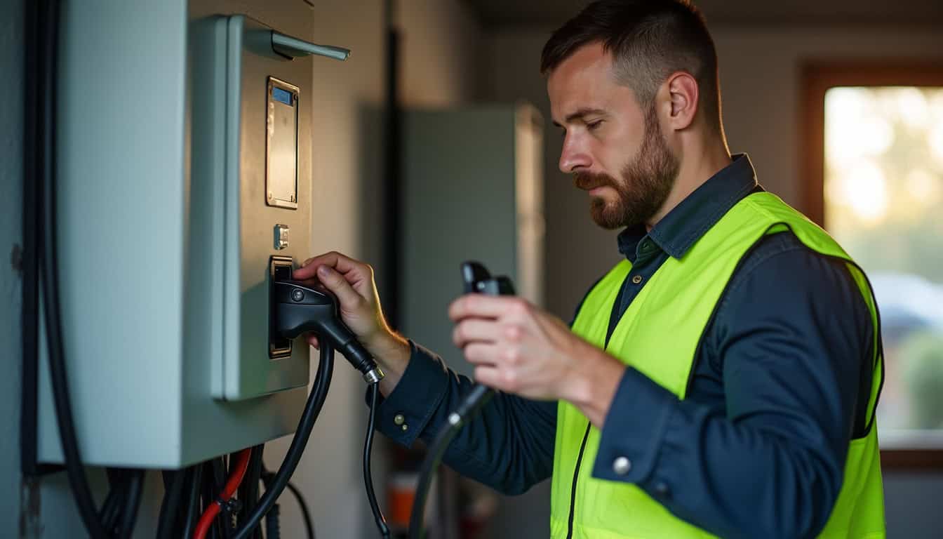 Technicien en train de raccorder une borne de recharge à un tableau électrique à Lacroix-Falgarde