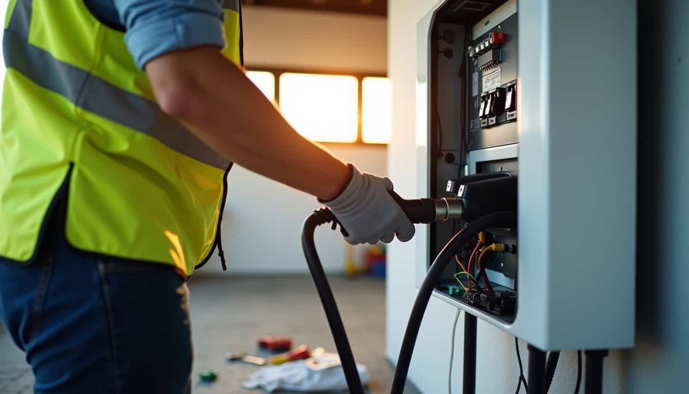 Technicien en train de raccorder une borne de recharge au tableau électrique d