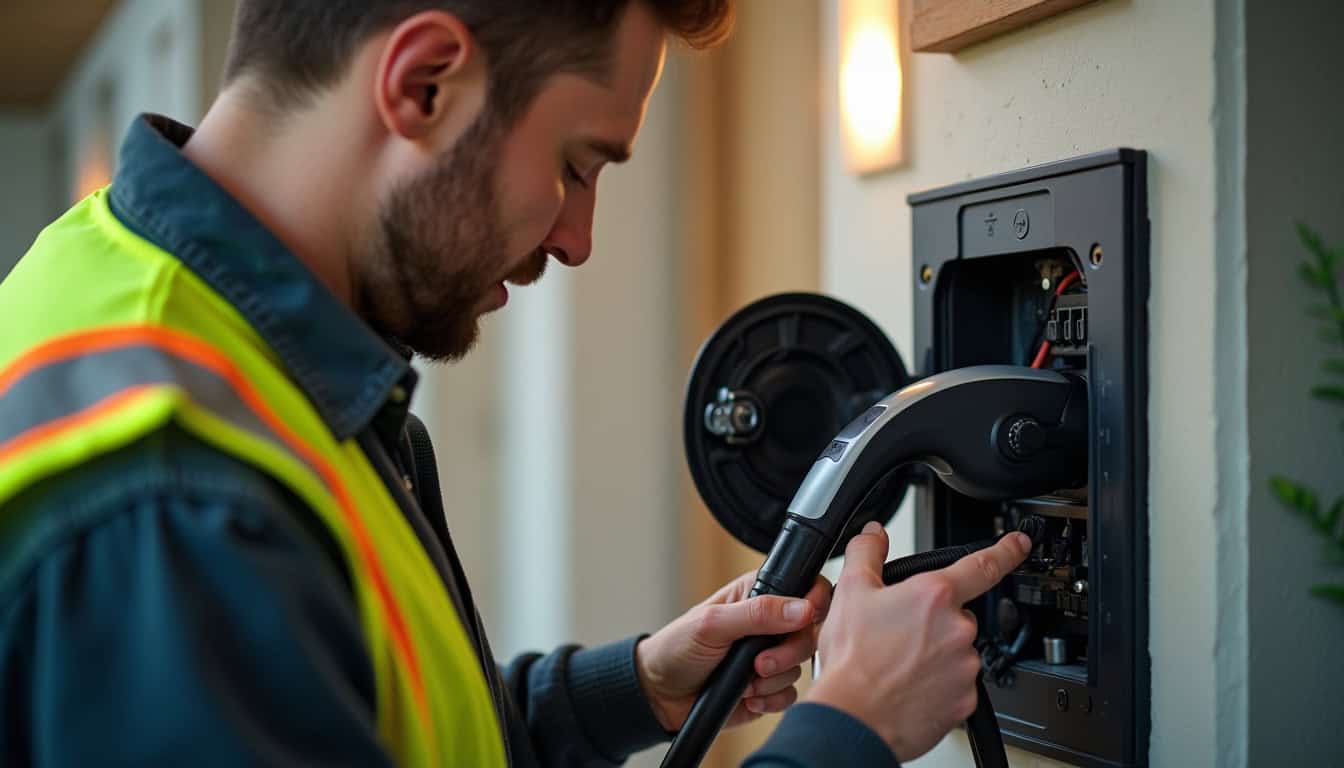 Technicien en train de raccorder une borne de recharge au tableau électrique d'une maison