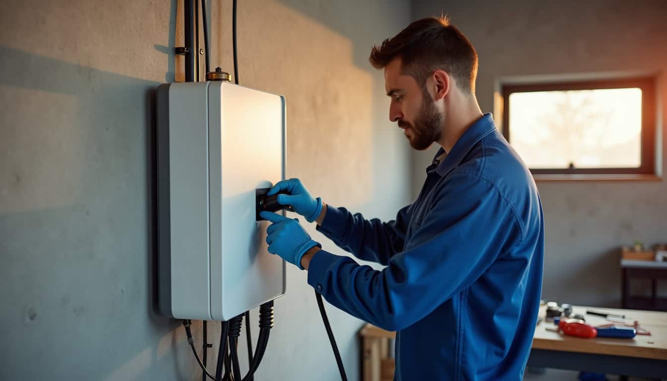 Technicien en train de raccorder une borne de recharge dans un garage à Mollans-sur-Ouvèze