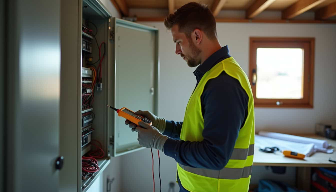 Technicien en train de réaliser un audit électrique pour l'installation d'une borne de recharge à Farnay