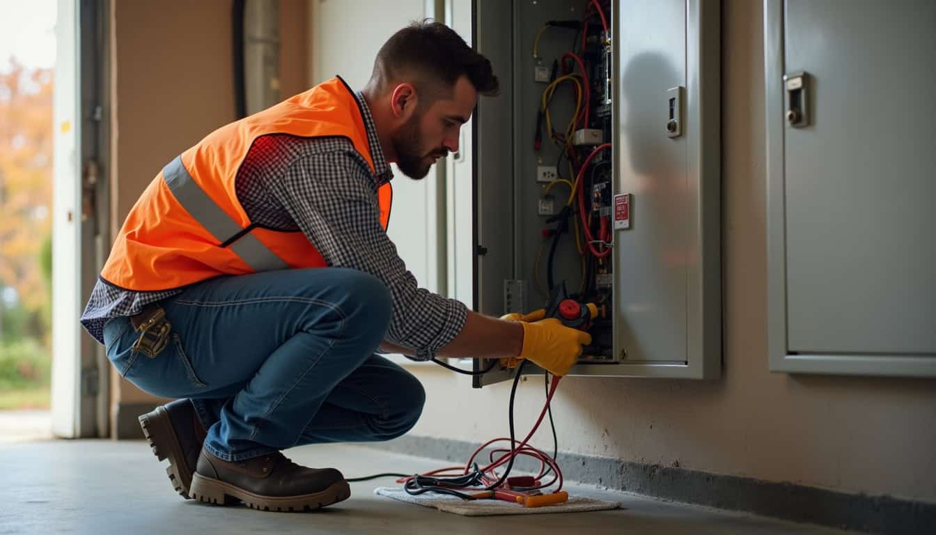 Technicien en train de réaliser un diagnostic électrique avant installation d'une borne à Massieux