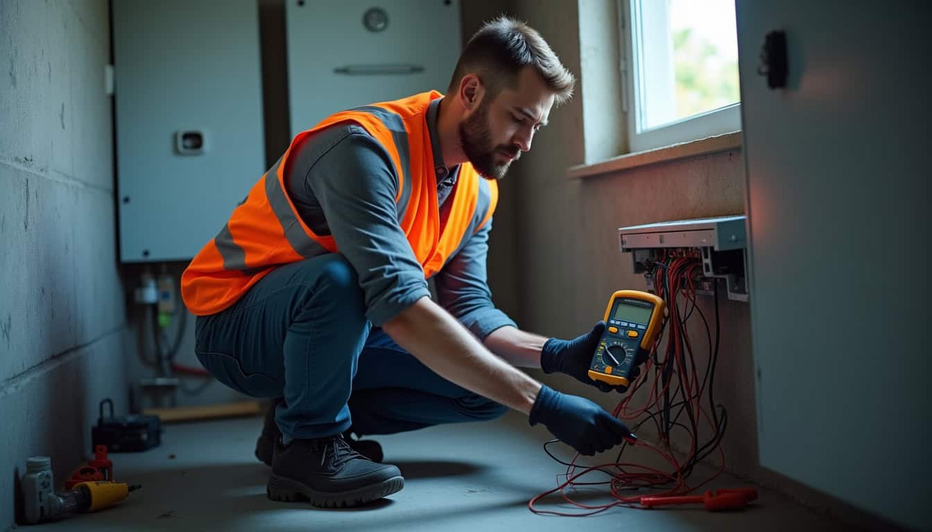Technicien en train de réaliser un diagnostic électrique pour l