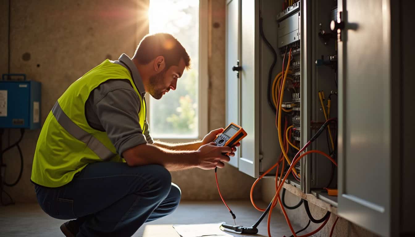 Technicien en train de réaliser un diagnostic électrique pour l'installation d'une borne de recharge à Bourg-lès-Valence