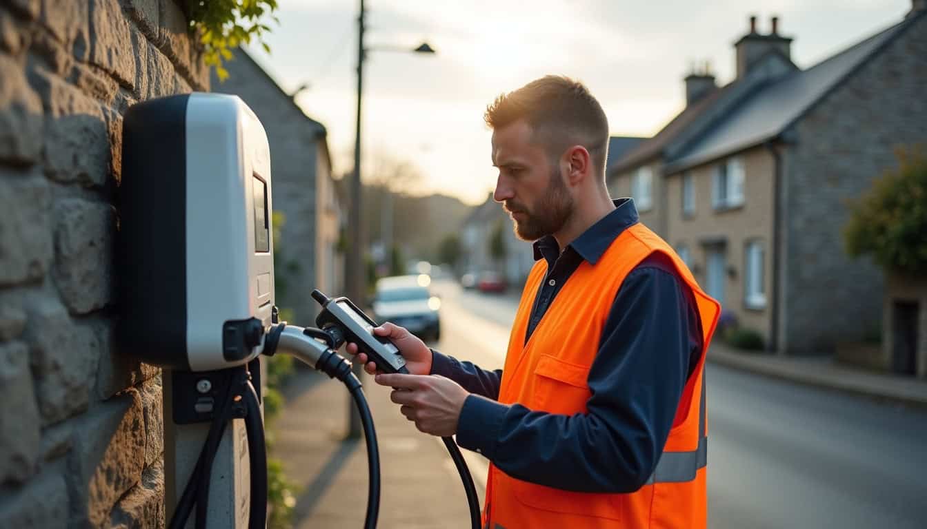 Technicien en train de tester la conformité d'une borne de recharge à Huelgoat