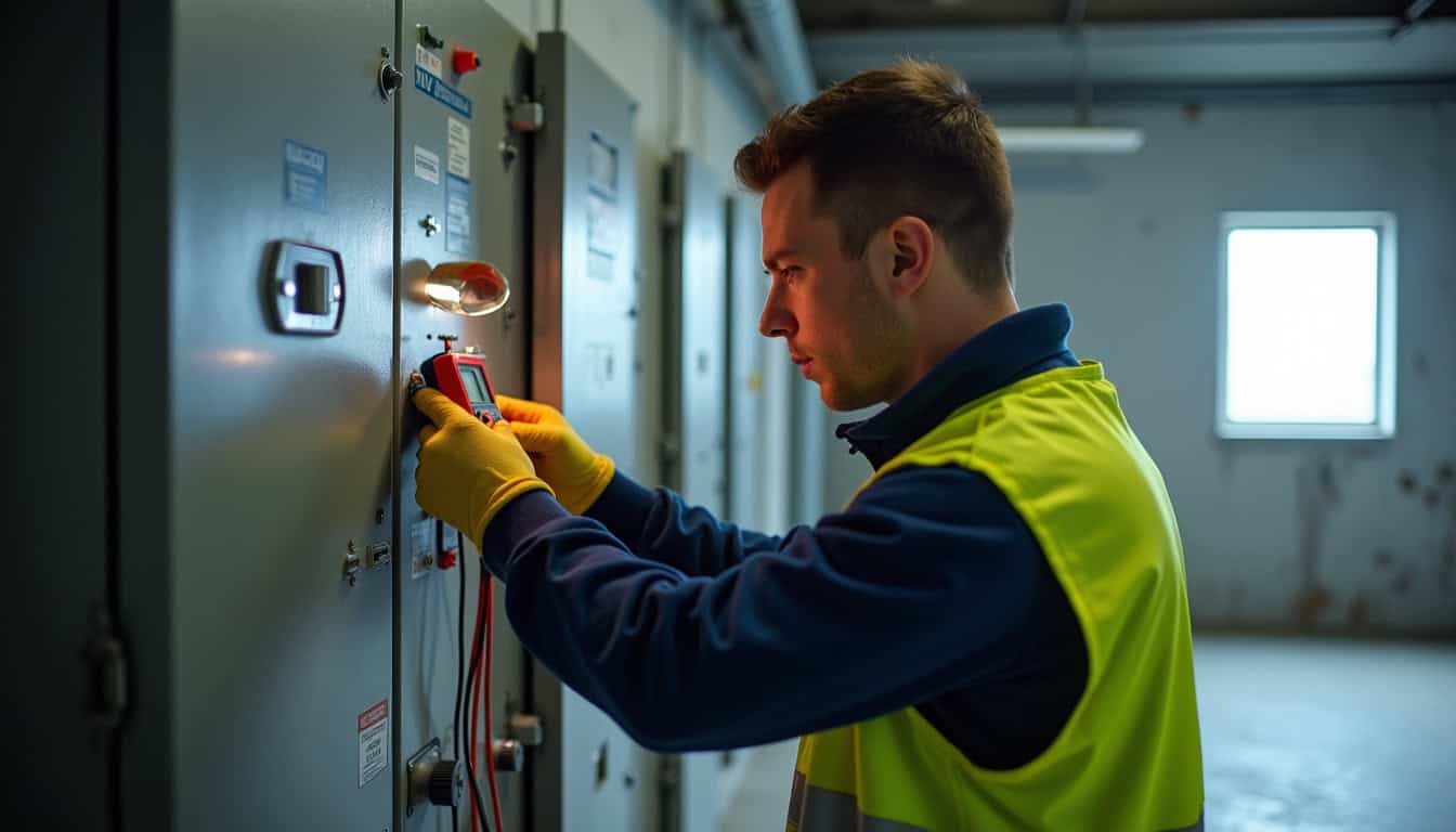 Technicien en train de tester un tableau électrique pour l