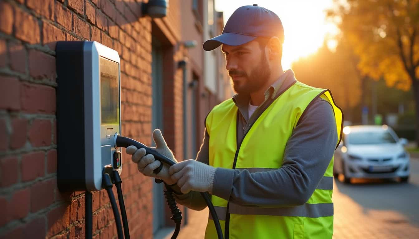 Technicien en train de tester une borne de recharge électrique nouvellement installée