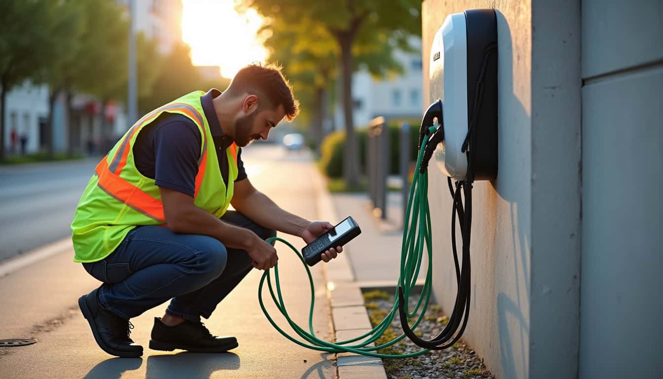 Technicien en train de tester une borne de recharge nouvellement installée à Brie-Comte-Robert