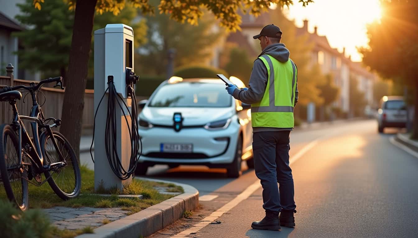 Technicien en train de tester une borne de recharge nouvellement installée