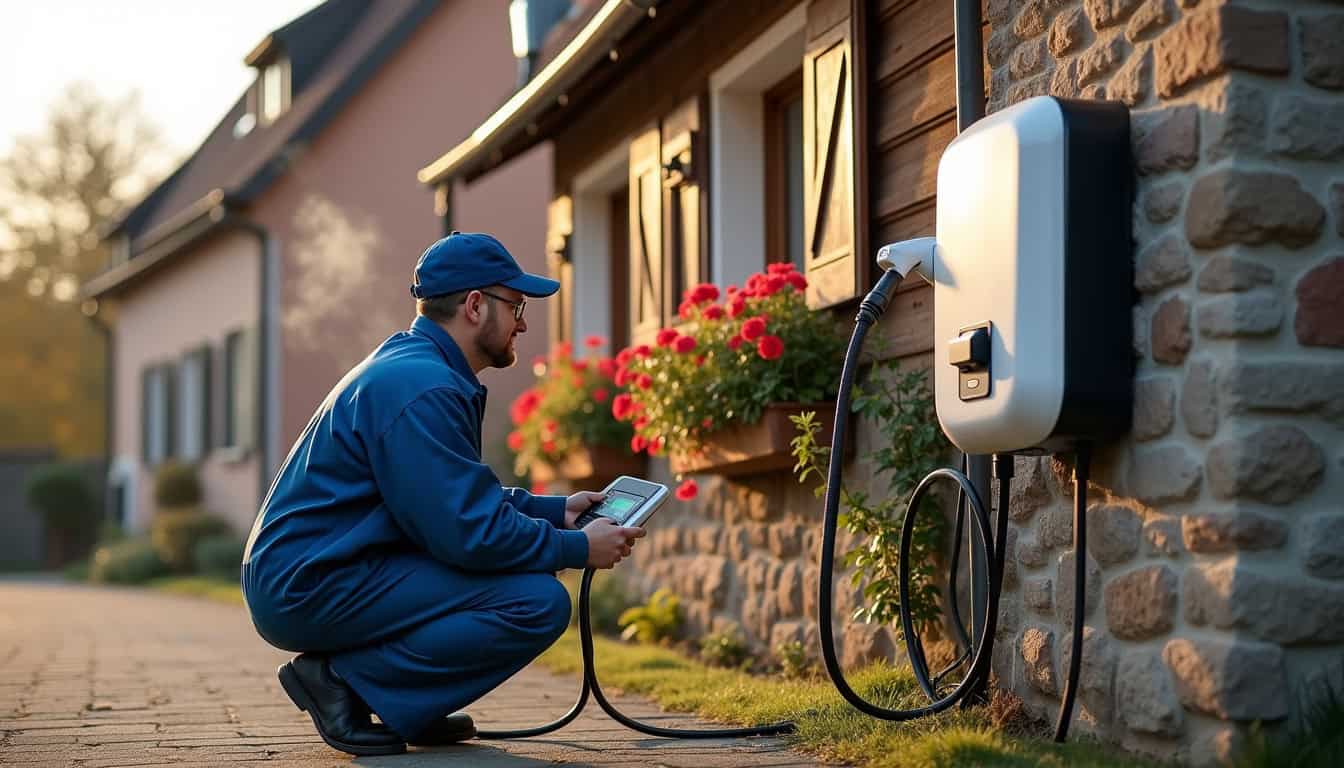 Technicien en train de tester une borne électrique après installation, dans une maison alsacienne