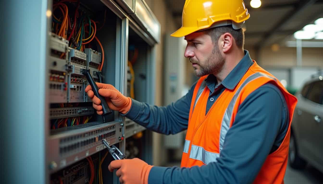 Technicien en train de travailler sur un tableau électrique lors de l'installation d'une borne de recharge