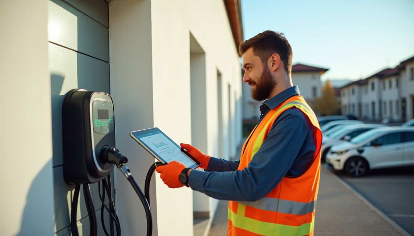 Technicien en train de vérifier le bon fonctionnement d'une borne de recharge à Bihorel