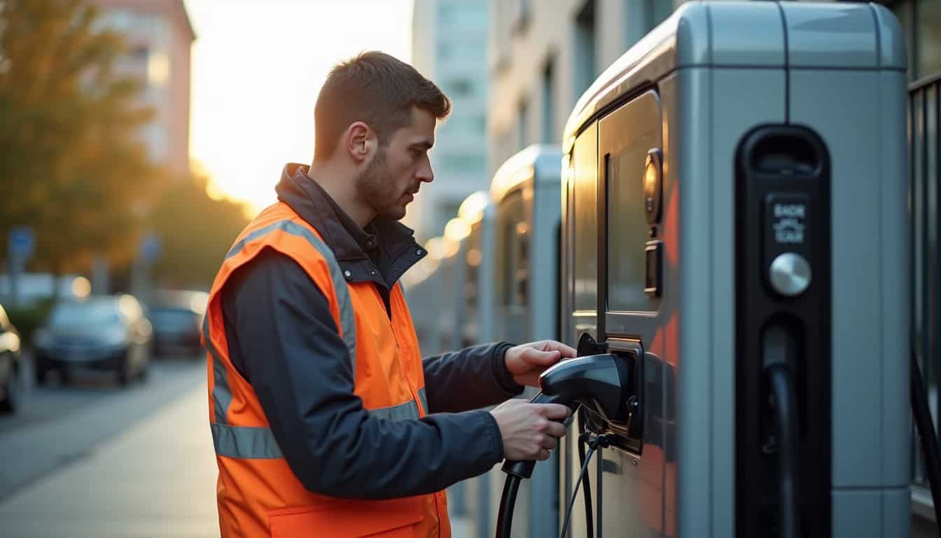 Technicien en train de vérifier le bon fonctionnement d'une borne de recharge à Orgeval