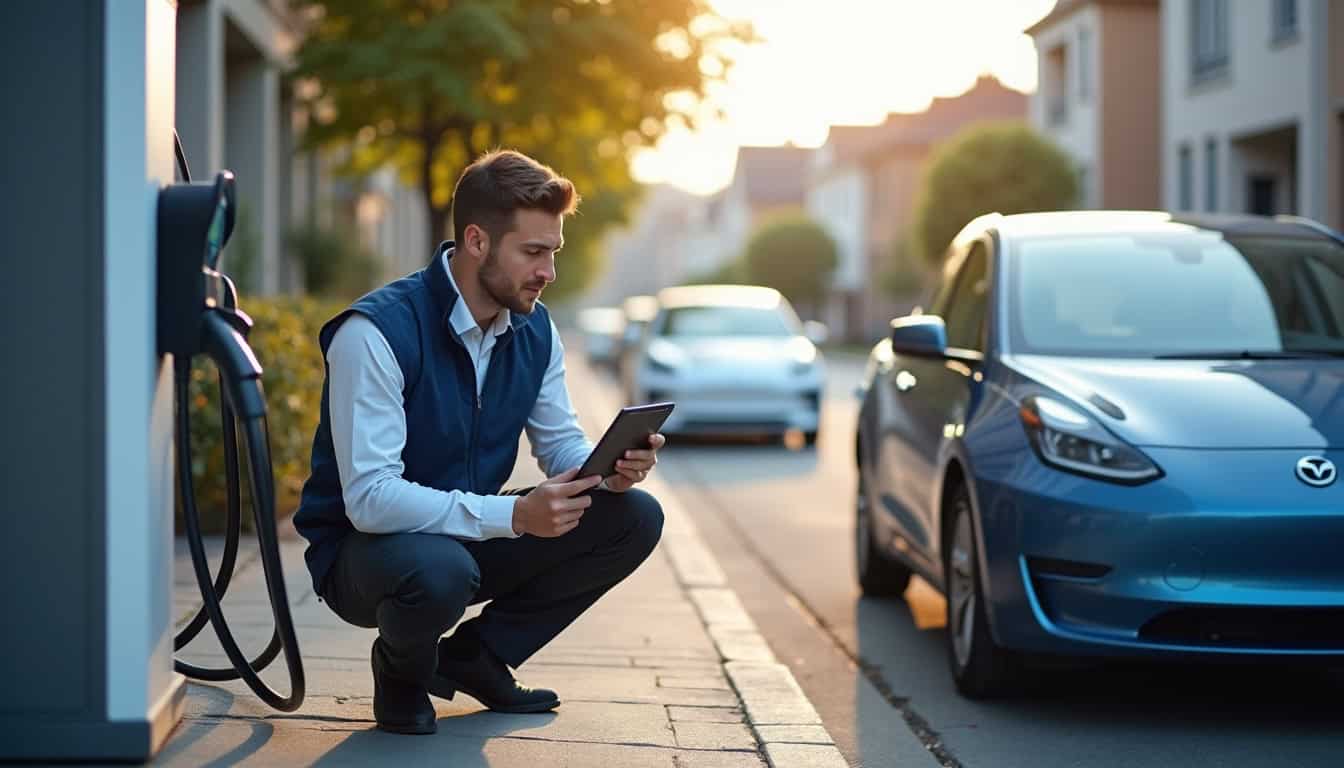 Technicien en train de vérifier le bon fonctionnement d'une borne de recharge connectée via une application mobile